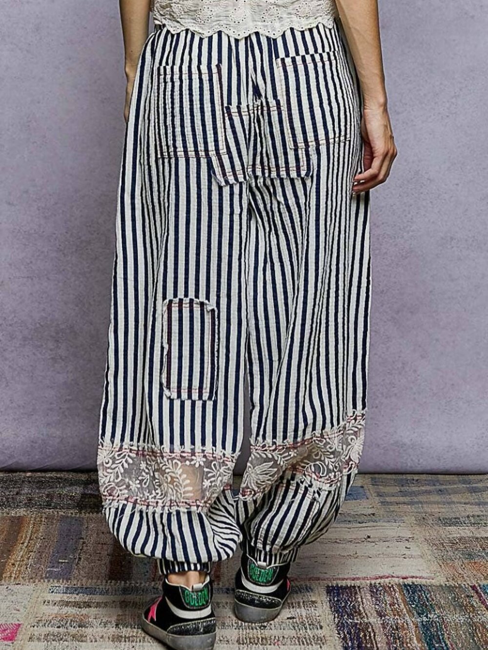NEW POL Double Gauze Lace See-Through Patch Navy Stripe Woven Pants - Picture 5 of 13